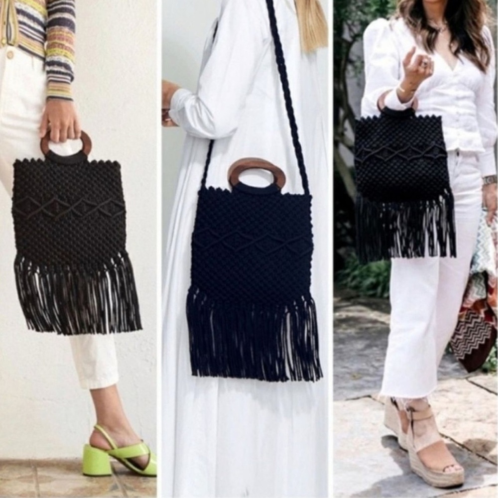 Danielle Nicole Black Macrame Fringe Crossbody Ba… - image 7